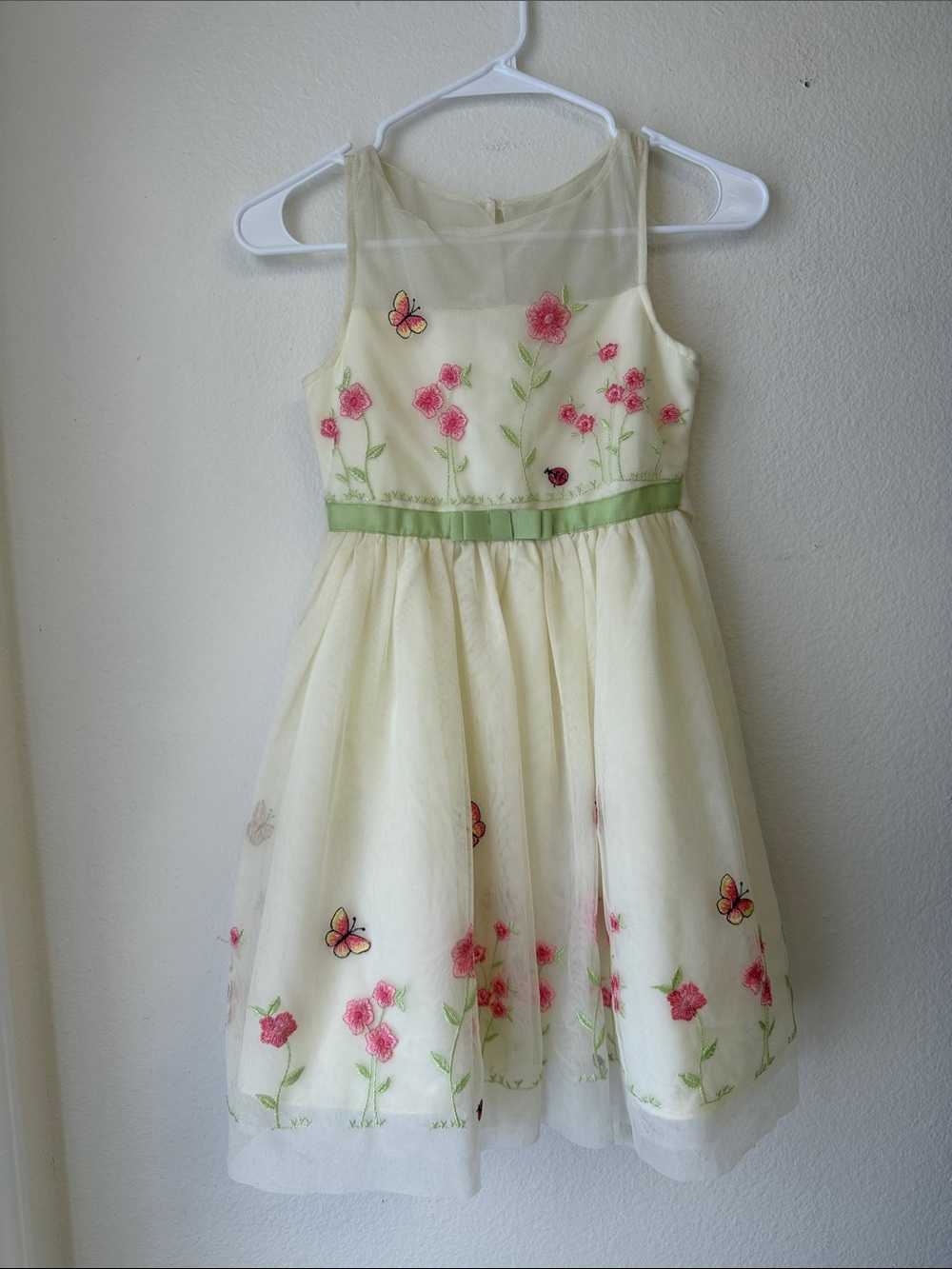 Jona Michelle Cream Dress with Pink Floral Embroidery and Green Ribbon